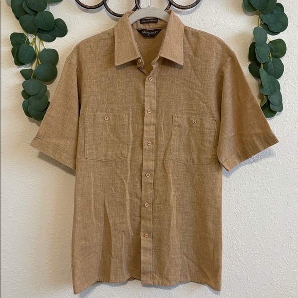 Vintage Baracuta Men’s Tan Linen Gauze Button-Down Shirt - Picture 1 of 6